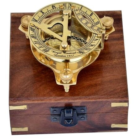 Brass Nautical Sundial Compass with Wooden Case